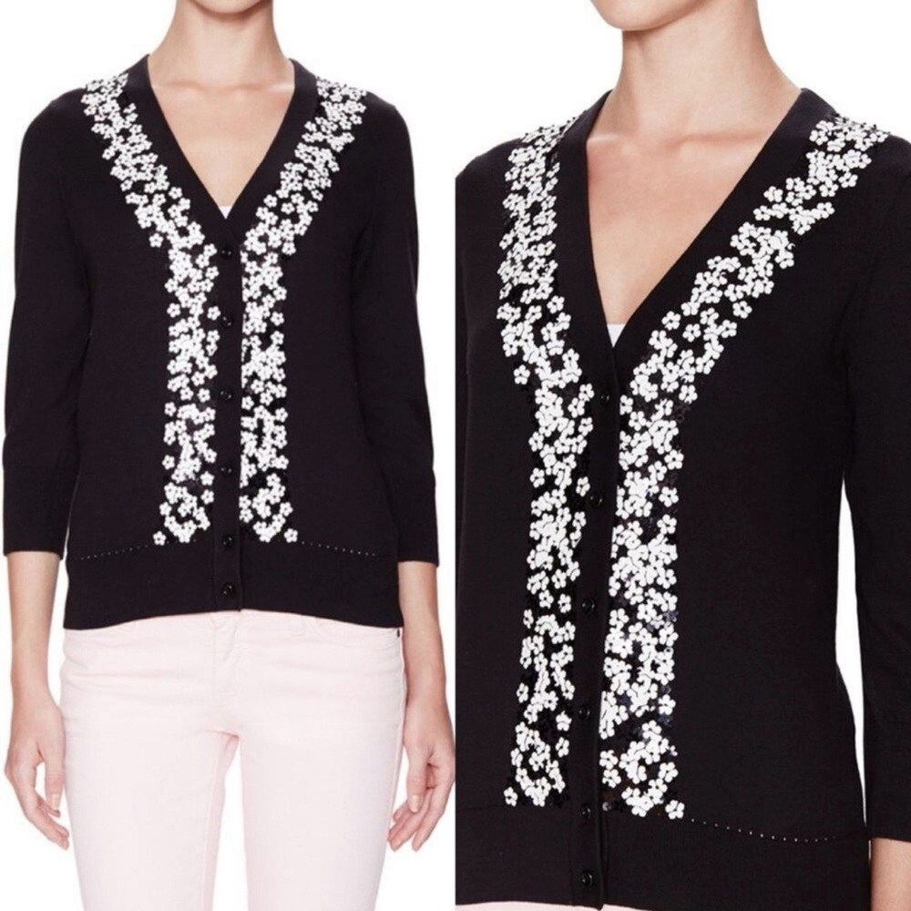 Kate Spade Embellished Floral Cardigan Black White Beaded Statement L - Picture 2 of 10